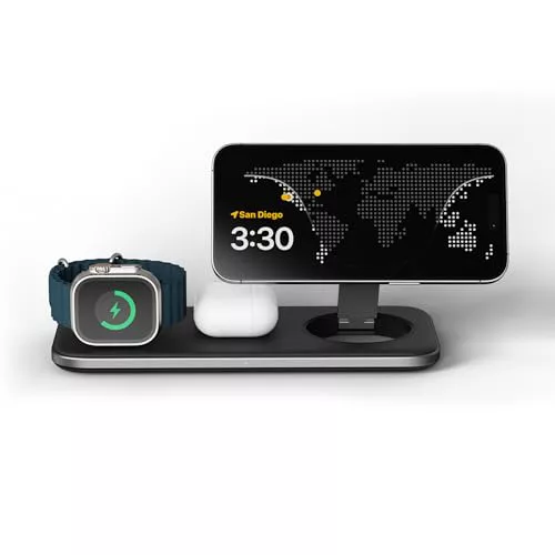SATECHI Estación de Carga 3 en 1 Qi2, Cargador Inalámbrico Rápido 15W + 5W, Compacto y Elegante, para Series iPhone 17 16 15 a 12, Apple Watch y AirPods con Carga Inalámbrica