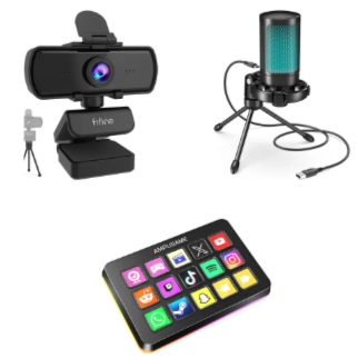 Kit Fifine: Webcam 2k 1440p Usb Com Microfone Preto + Controlador 15 Teclas Macro Preto + Microfone Streaming Preto