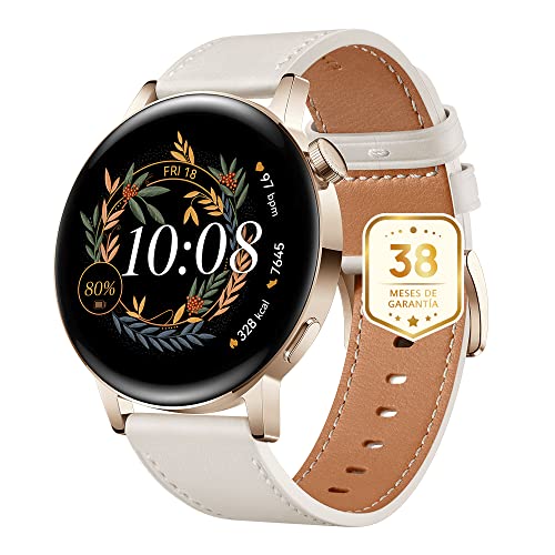 HUAWEI Watch GT 3 42mm Smartwatch,Reloj deportivo, con monitorización SpO2, con pantalla grande, entrenamiento,Reloj inteligente,Dorado,Correa de cuero blanco+38 Meses de garantía