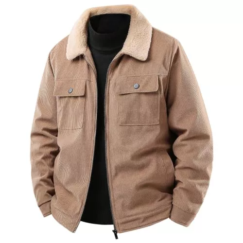 PADOLA Chaqueta de Pana para Hombre con Forro Cazadora de Trabajo con Cremallera y Múltiples Bolsillos Abrigo Casual(XL,Beige)