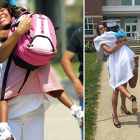 Madre e hija recrean la tierna foto del primer día de preescolar 13 años después, en su graduación del instituto