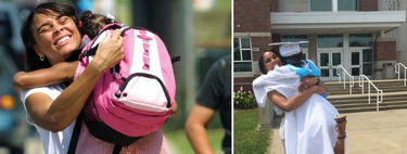 Madre e hija recrean la tierna foto del primer día de preescolar 13 años después, en su graduación del instituto