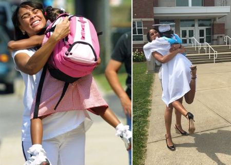 Madre e hija recrean la tierna foto del primer día de preescolar 13 años después, en su graduación del instituto