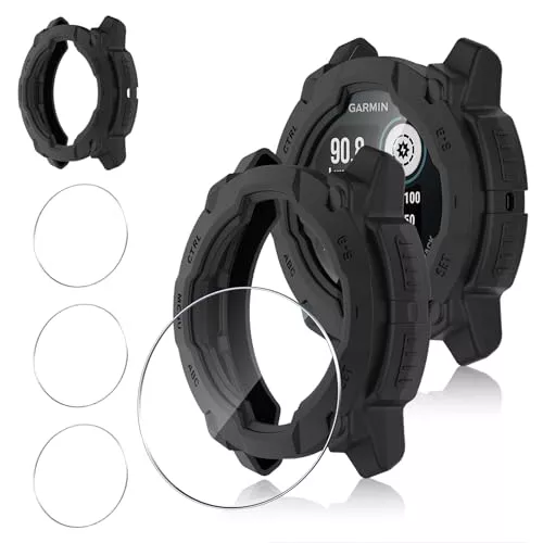 Funrae Hard Funda Compatible con Garmin Instinct 3 45mm AMOLED/Solar, 9H HD Cristal Templado Protector de Pantalla *3, Anti-Choque Parachoques Anti-rasguños Protector Marco Funda*1- Negro