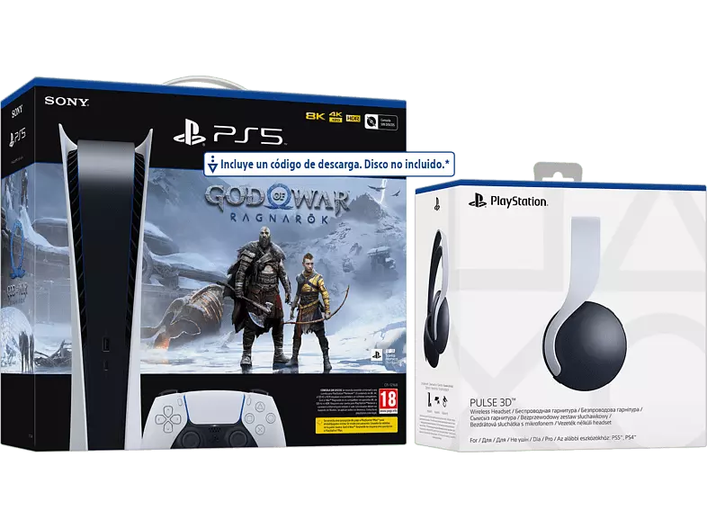 Consola - Sony PS5 Stand C, 825 GB, Blanco + 1 Mando DualSense™ Blanco + Juego God Of War: Ragnarok (código descarga) + Auriculares Pulse 3D Negros Consola - Sony PS5 Stand C, 825 GB, Blanco + 1 Mando DualSense™ Blanco + Juego God Of War: Ragnarok (código descarga) + Auriculares Pulse 3D Negros