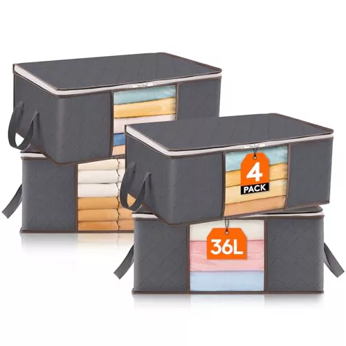 Lifewit Cajas Almacenaje Ropa, Bolsa Almacenaje Ropa, Organizador Armario Plegable, Caja Bajo Cama para Guardar Mantas, Edredones, Gris, 36 L, 4 Piezas