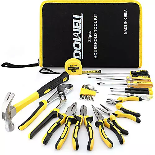 DOWELL Juego de 24 herramientas para propietarios de viviendas, kit de herramientas manuales para reparación del hogar con bolsa de herramientas portátil