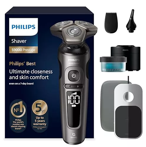 Philips S9000 Prestige, Afeitadora Eléctrica Hombre, Máquina de Afeitar Barba en Seco y Mojado con Tecnología SkinIQ, Funda Premium, Carga Qi, Recortador de Precisión, Centro de Limpieza, SP9882/36