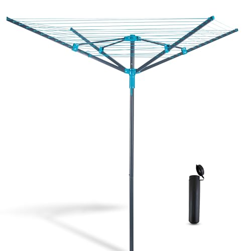 Vonia Secador Paraguas Exterior – Tendedero de ropa de 45 M con anclaje al suelo – Secado natural al aire libre (gris/turquesa)