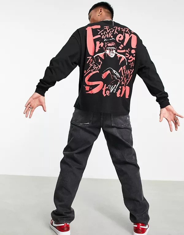 Camiseta negra extragrande de manga larga con estampado de Frankenstein para Halloween de ASOS DESIGN
