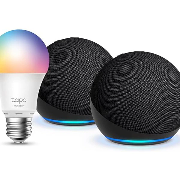 Echo Dot (5.ª generación) | Antracita, pack de 2 + Tapo L530EA Bombilla LED Inteligente (E27)