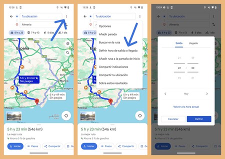 Capturas de pantalla mostrando los pasos a seguir para definir una hora de salida o de llegada