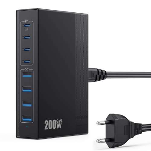 Cargador USB C Multiple 200W, 8 Puertos GAN III Enchufe de Pared USB C