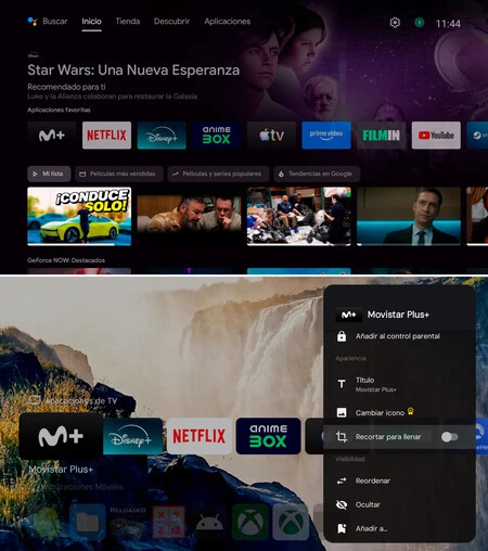 Arriba, interfaz de Android TV en la Nvidia Shield TV; abajo, Projectivy Launcher