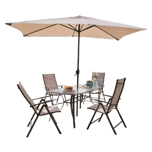 Conjunto de Jardín de Acero Mesa + 4 Sillones + 1 Parasol, Málaga
