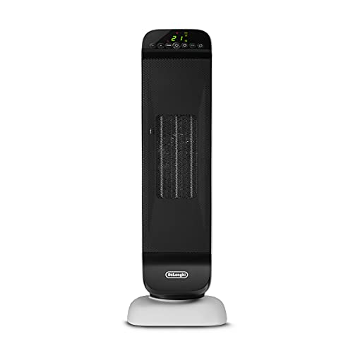 De'Longhi Termoventilador Cerámico de Torre, Calentamiento Rápido con 2 Niveles, Mando a Distancia, Temporizador 24h, Giratorio, Función Eco, Termostato de Seguridad, 2000W, HFX25S20, Blanco/Negro