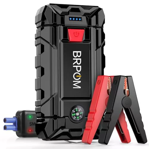 BRPOM Arrancador de Coches 5000A, 12V Arrancador de Baterias de Coche(para 7.0L de Gasolina o 5.5L de Diésel) Jump Starter con Linterna LED de Emergencia, Espera Larga, Carga Rápida