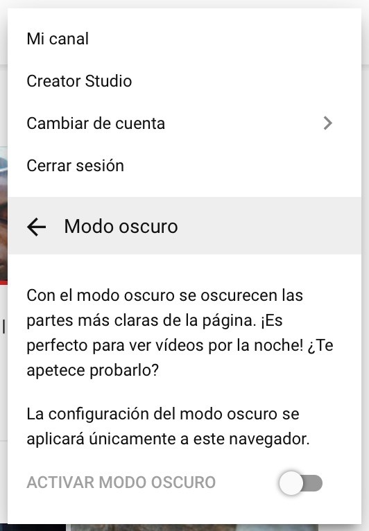 Yutube Safari Modo Oscuro