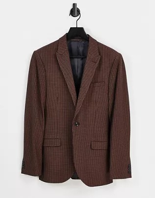 Traje a cuadros marrones entallado de Topman