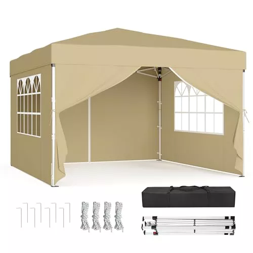 SONGMICS Cenador 3 x 3 m con Paneles Laterales, Carpa Plegable, Protección Solar, Resistente a Lluvia Ligera, Portátil, para Patio, Jardín, Mercadillo, Beige GCT104LZ01