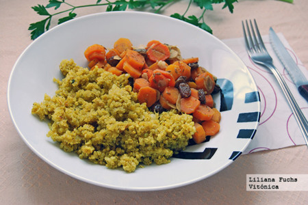 Quinoa aromática con zanahorias braseadas con frutos secos. Receta saludable