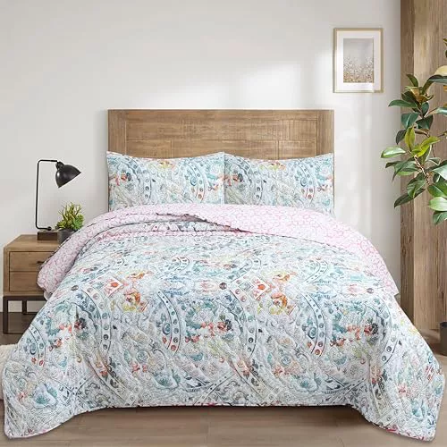 Colcha Boutí Cama 150 (250x270) Estampada – Cubrecama Ligero y Transpirable para Verano y Entretiempo – Algodón y Poliéster – Incluye 2 Fundas Almohada (50x70) – Acabado Punta Redonda (Las Vegas)