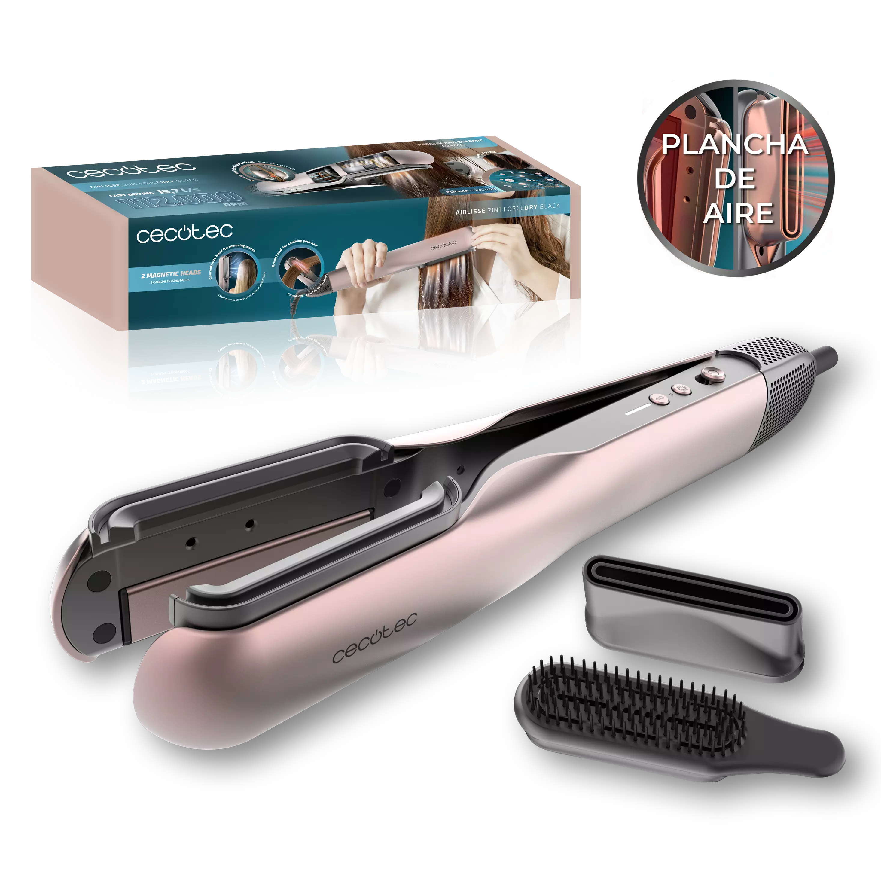 Plancha Secador - Cecotec AirLisse 2in1 ForceDry, Cerámica, 1000 W, 112.000 rpm, 4 temperaturas, 2 velocidades, Negro
