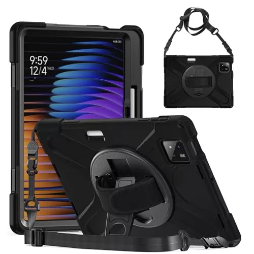 Gerutek Funda Anticaída para Xiaomi Pad 7/Xiaomi Pad 7 Pro 11.2 Pulgadas 2024, Carcasa Rugosa con Soporte Giratorio, Correa de Mano/Hombro, Portalápiz, Funda Resistente para Xiaomi Pad 7 11.2", Negro