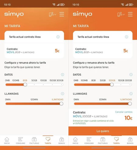 Configurador de tarifa en Simyo