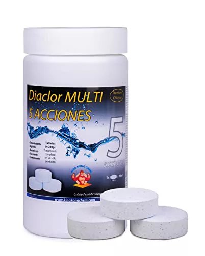 DIACLOR Multi 5 ACCIONES 200 gr 1 kg - Pastillas de Cloro para Piscinas envasadas Individualmente - Tratamiento Completo 5 Efectos - SIN Cobre - (Multifunción 5 acciones, 1 Kilo)