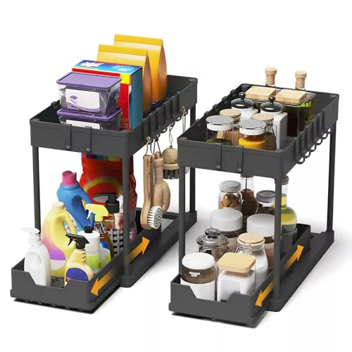Meltrck 2 Paquete Organizador Cocina 2 Niveles para Debajo del Fregadero - Organizador Extraíble Estante Almacenamiento Debajo Fregadero con 16 Ganchos,Negro
