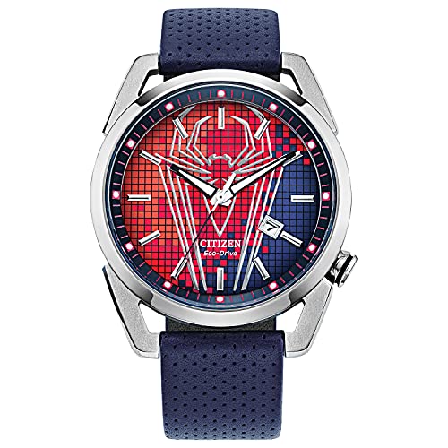 Citizen Eco-Drive Marvel Reloj de cuarzo para hombre, acero inoxidable con correa de piel, Spider-Man