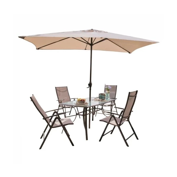 Conjunto de Jardín de Acero Mesa + 4 Sillones + 1 Parasol, Málaga
