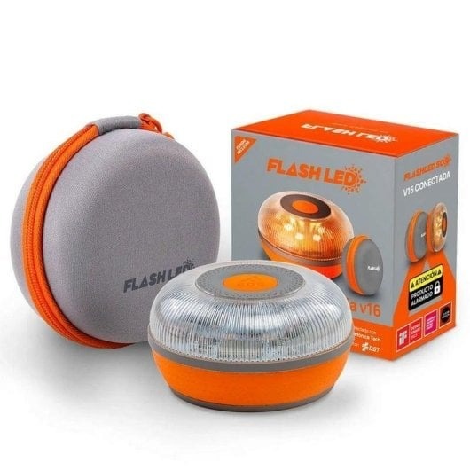 FlashLED Baliza V16 IoT Conectada, Certificada DGT, Aplicación Móvil SOS Alert + Funda Antigolpes