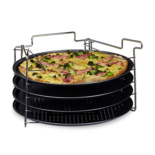 Relaxdays Set de 4 Bandejas Pizza Horno con Soporte