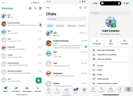 左、Android 上のオリジナルの WhatsApp。中央、Android の「iPhone モード」。そう、iPhone 用 WhatsApp