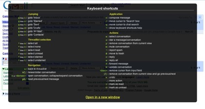 Gmail 2.0 incluye una guía de atajos de teclado mediante pop-up