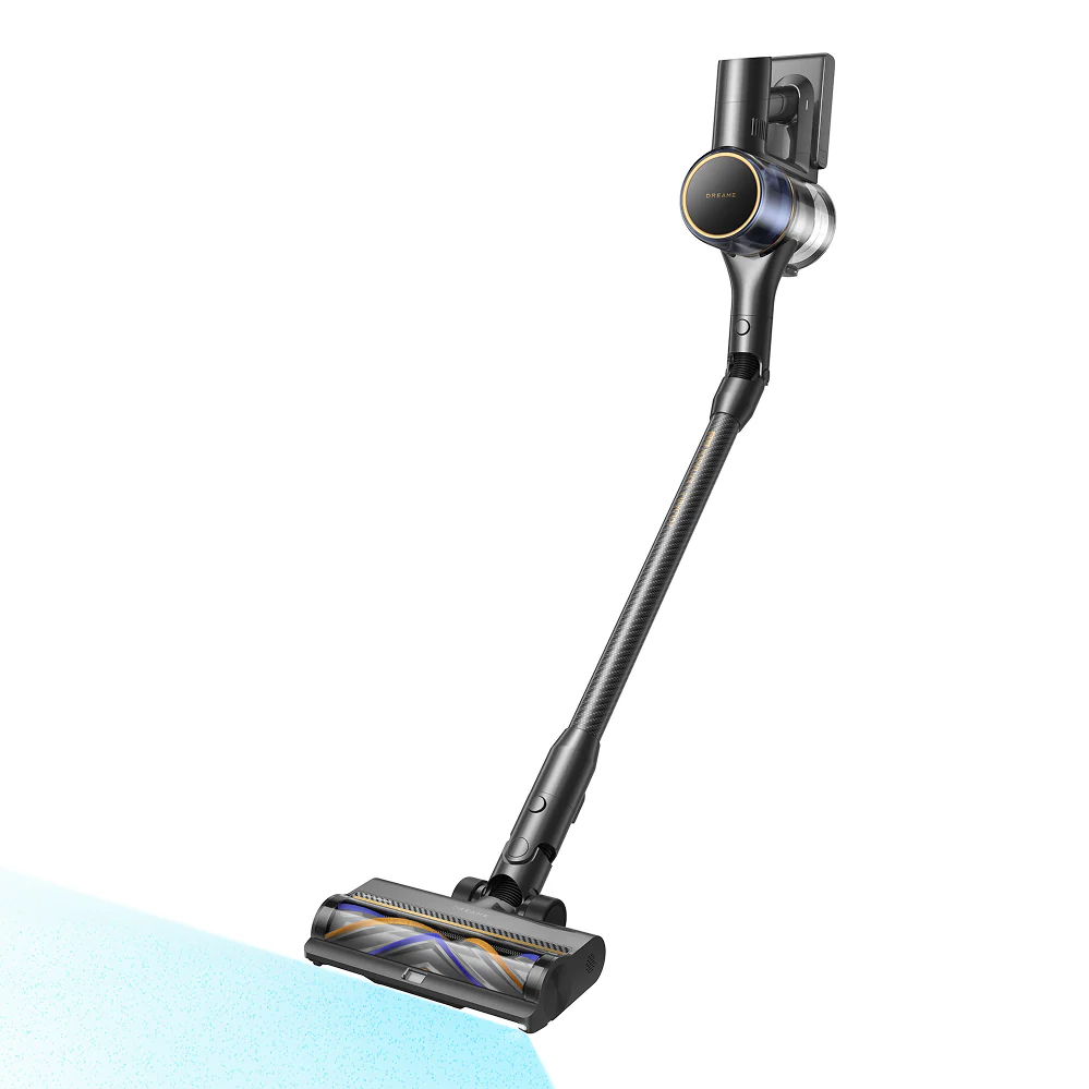 Aspirador sin cable Dreame R20 Pro. Cepillo inteligente Tangle-Cut™ y visibilidad extrema. Base de carga vertical que integra carga y almacenamiento. Tubo plegable integrado.