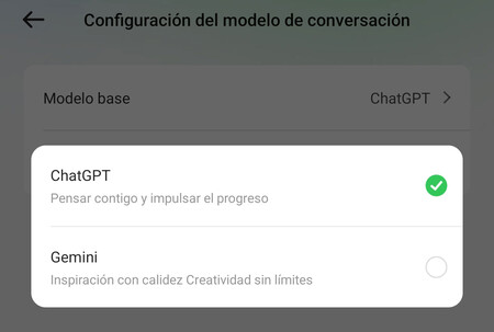 La app permite elegir el modelo conversacional y el de análisis de imágenes