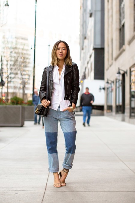 Aimee Song Short Hair Leather Jacket Boyfriend Jeans With Patchwork