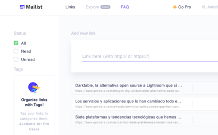 Mailist es una aplicación web gratuita que te envía semanalmente los enlaces que agregues para leer más tarde