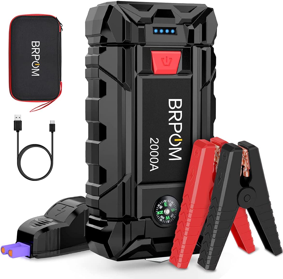 BRPOM Arrancador de Coches,2000A 21800mAh Arrancador de Baterias de Coche 12V(para 8.0L de Gasolina o 6.5L de Diésel), Carga Rápida QC3.0,Espera Larga,Garantía de 2 años (2000A)