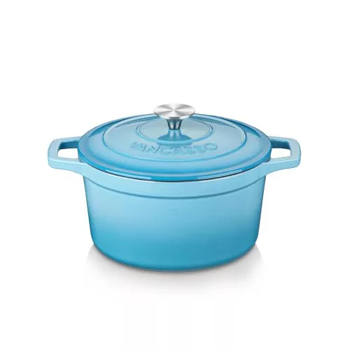vancasso Olla de Hierro Fundido, 20 cm / 2 Litros Horno Holandés Fundido Hierro Esmaltado con Tapa Redonda de Acero Inoxidable para Cocina Estofado, Paella, Freír, Asar, Saltear - Azul
