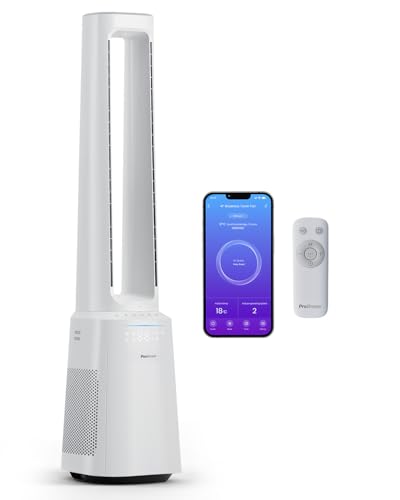 Pro Breeze OmniAir Ventilador Torre Inteligente sin Aspas 105 cm con Purificador HEPA, Wi-Fi, LED, 10 Velocidades, 5 Modos, Mando a Distancia, Oscilación 60° y Función Silenciosa