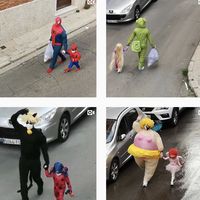 Tirar la basura disfrazados sin repetir modelo: el divertido ritual de un padre y su hija durante la cuarentena