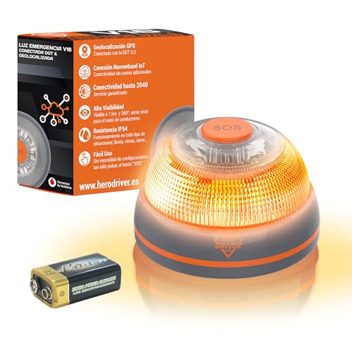 Hero Driver LED Baliza V16 Conectada y Geolocalizada Certificada DGT 3.0 – Sin cuotas hasta 2040 – Luz Emergencia coche - Uso obligatorio en España – Tarjeta Vodafone SIM incluida gratis