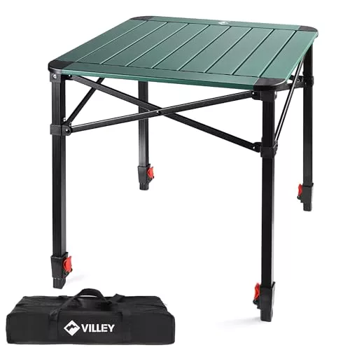 VILLEY Mesa Plegable con Bolsa de Transporte, Mesa Plegable Portátil de Aluminio, Mesa de Camping de Altura Ajustable, Mesa de Acampada para Picnic, Pesca, Camping, Playa y Extrior, 52 * 52 * 65cm