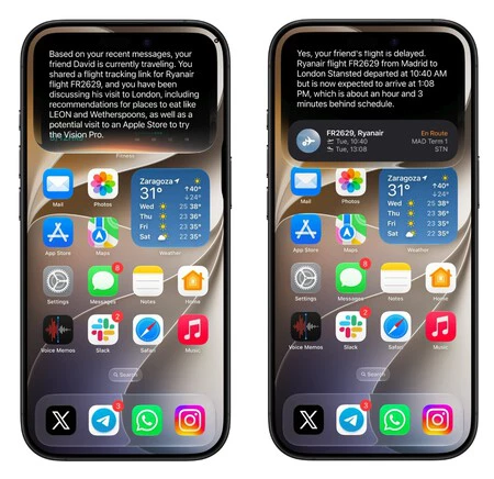 Respuestas de Siri tras preguntar "A dónde va mi amigo de viaje" y "Cómo va el vuelo de mi amigo"