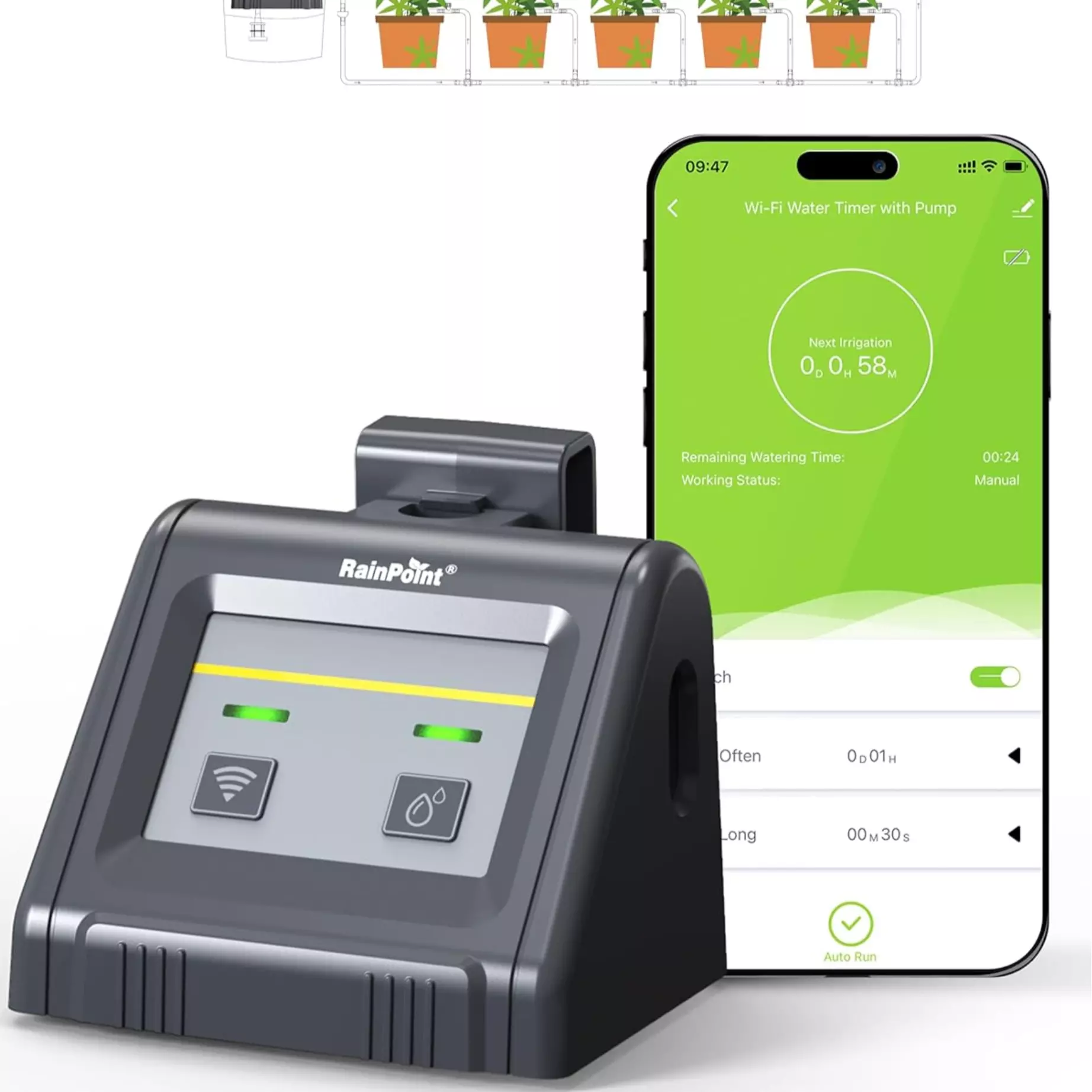 Sistema de riego automático por WiFi: Kit de riego por goteo «Hazlo tú mismo» con bomba y control remoto por aplicación.
