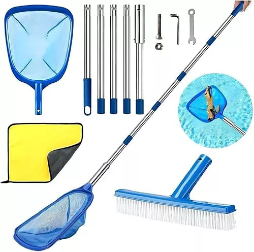 Red Piscina Limpieza con Palo, Red Piscina Malla Fina con Cepillo Piscina, Kit Limpieza Piscina, Recogedor Hojas Piscina, Limpia Piscinas Recoge Hojas, para Piscina, Estanque, Fuente, SPA (220cm)